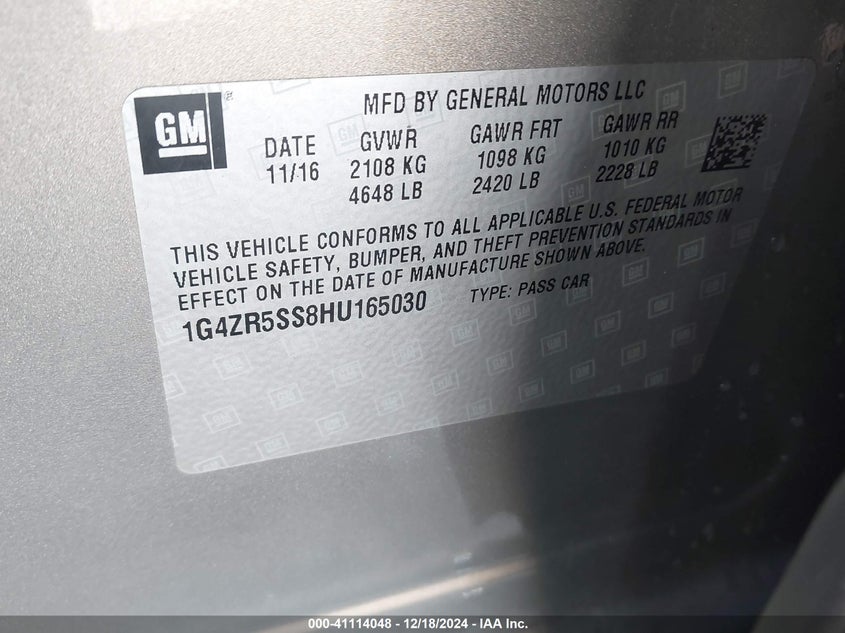 2017 BUICK LACROSSE VIN: 1G4ZR5SS8HU165030