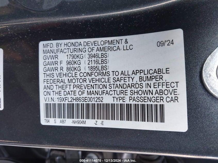 2025 HONDA CIVIC VIN: 19XFL2H86SE001252
