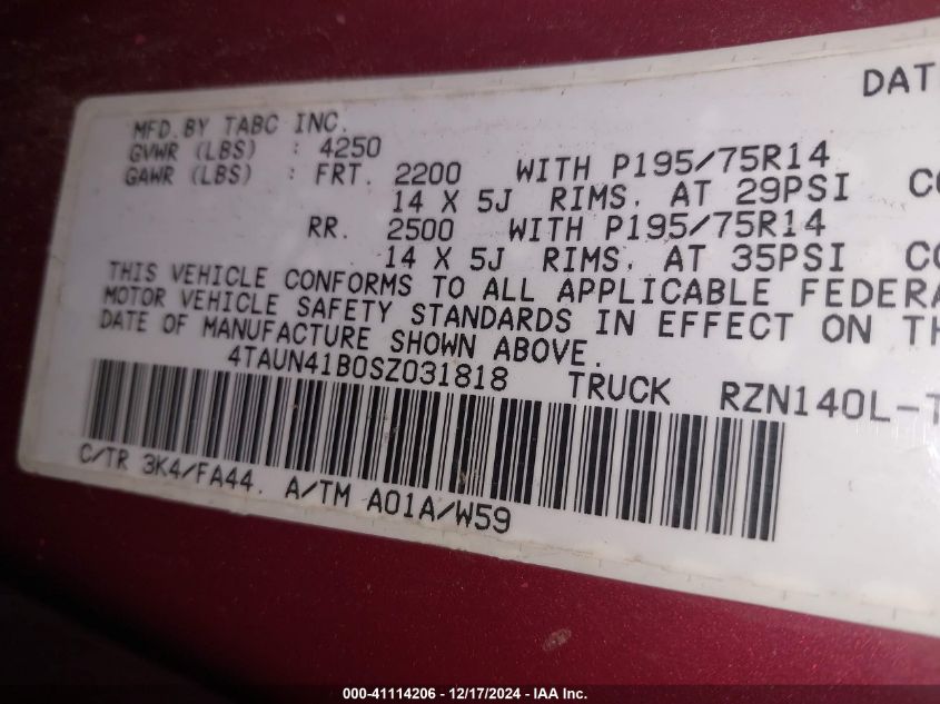 1995 Toyota Tacoma VIN: 4TAUN41B0SZ031818 Lot: 41114206