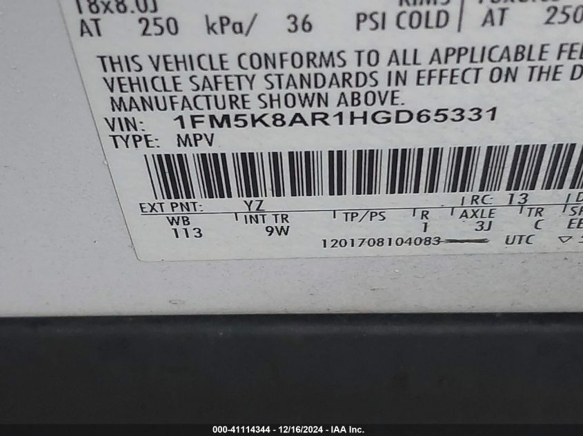 VIN 1FM5K8AR1HGD65331 2017 Ford Utility Police Inte... no.9