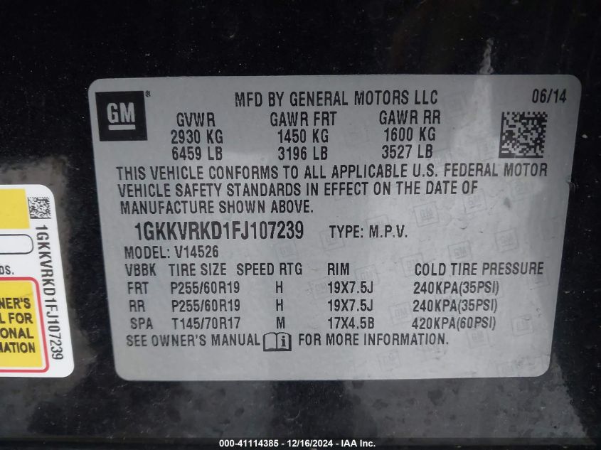 VIN 1GKKVRKD1FJ107239 2015 GMC ACADIA no.9