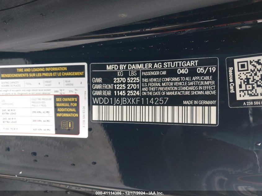 2019 MERCEDES-BENZ E VIN: WDD1J6JBXKF114257
