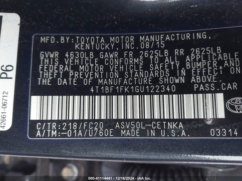 2016 TOYOTA CAMRY VIN: 4T1BF1FK1GU122340