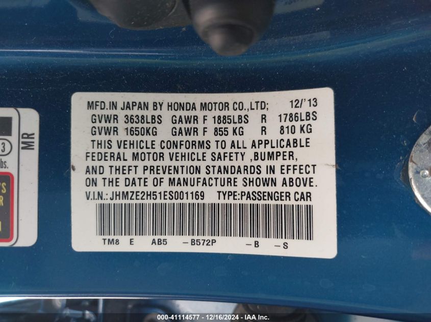 2014 Honda Insight Lx VIN: JHMZE2H51ES001169 Lot: 41114577