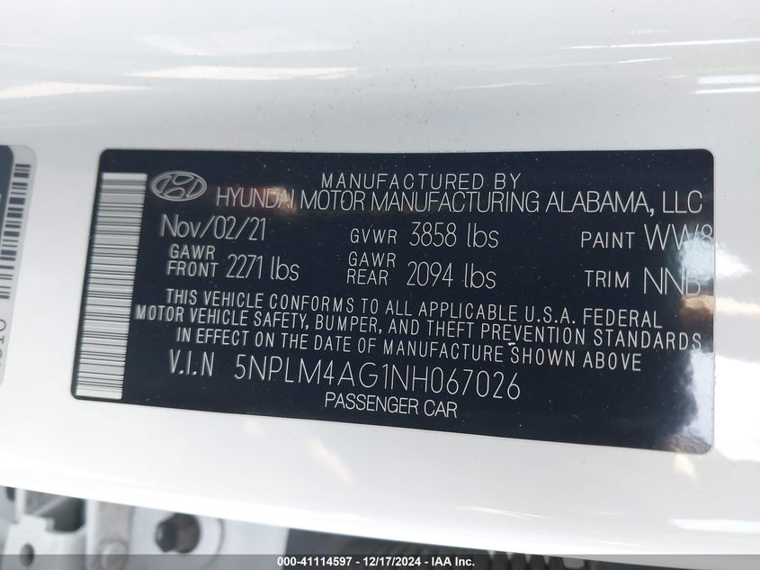 VIN 5NPLM4AG1NH067026 2022 HYUNDAI ELANTRA SEL