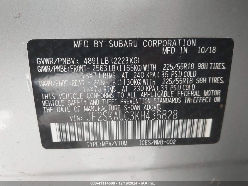 VIN JF2SKAUC3KH436828 2019 SUBARU FORESTER no.9