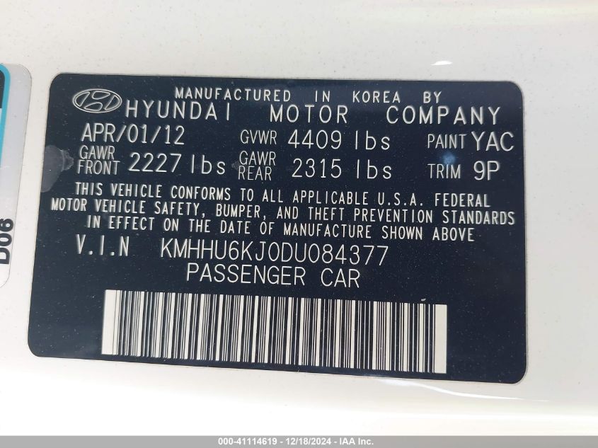 2013 Hyundai Genesis 3.8 Grand Touring VIN: KMHHU6KJ0DU084377 Lot: 41114619