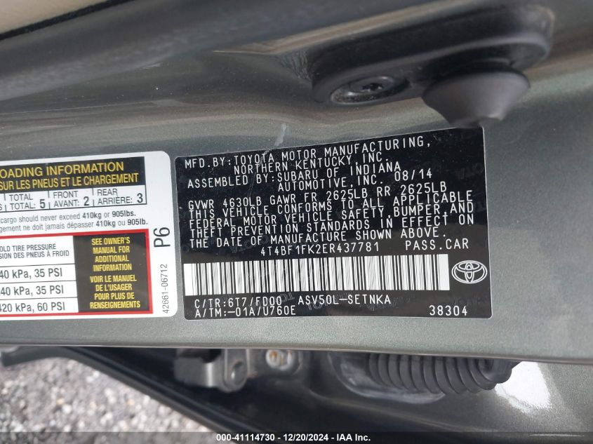 VIN 4T4BF1FK2ER437781 2014 Toyota Camry, LE no.9