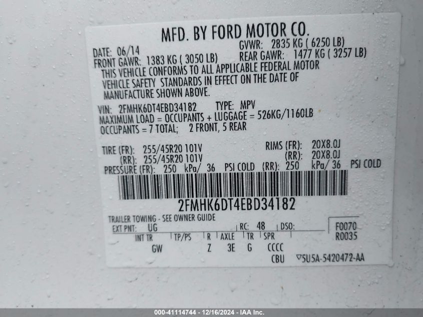2014 Ford Flex Limited VIN: 2FMHK6DT6EBD03418 Lot: 41114744