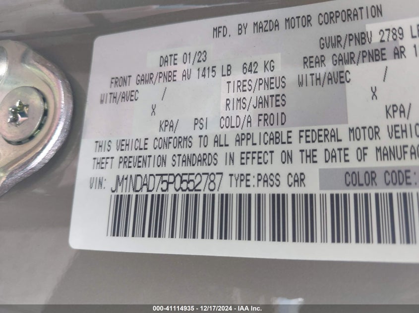 2023 MAZDA MX-5 MIATA VIN: JM1NDAD75P0552787