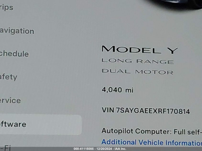 2024 Tesla Model Y Long Range Dual Motor All-Wheel Drive VIN: 7SAYGAEEXRF170814 Lot: 41115085