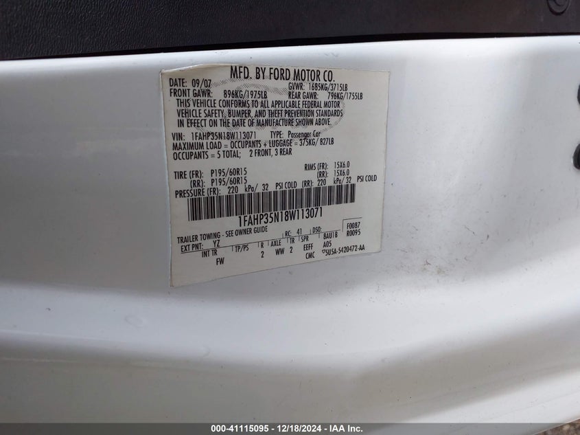 2008 FORD FOCUS VIN: 1FAHP35N18W113071