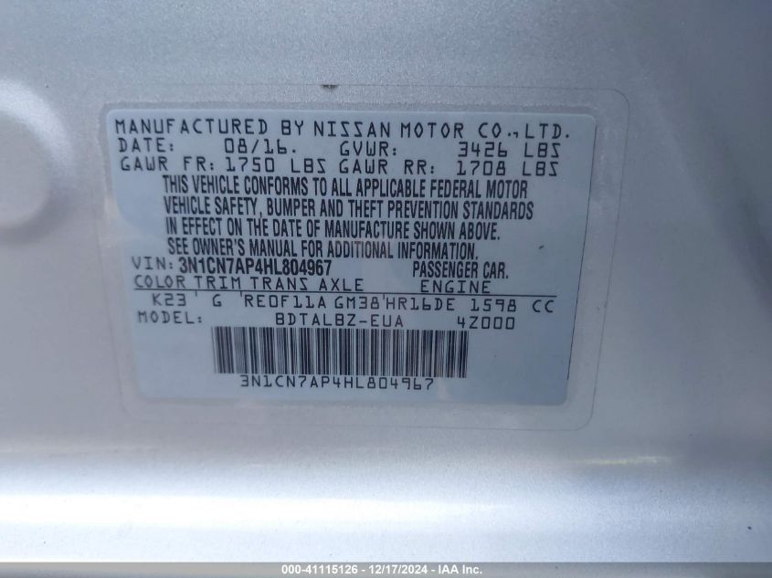 VIN 3N1CN7AP4HL804967 2017 Nissan Versa, 1.6 SV no.9