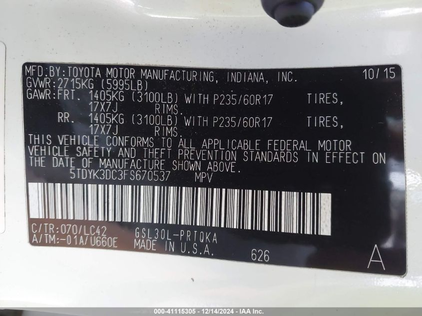 VIN 5TDYK3DC3FS670537 2015 TOYOTA SIENNA no.9