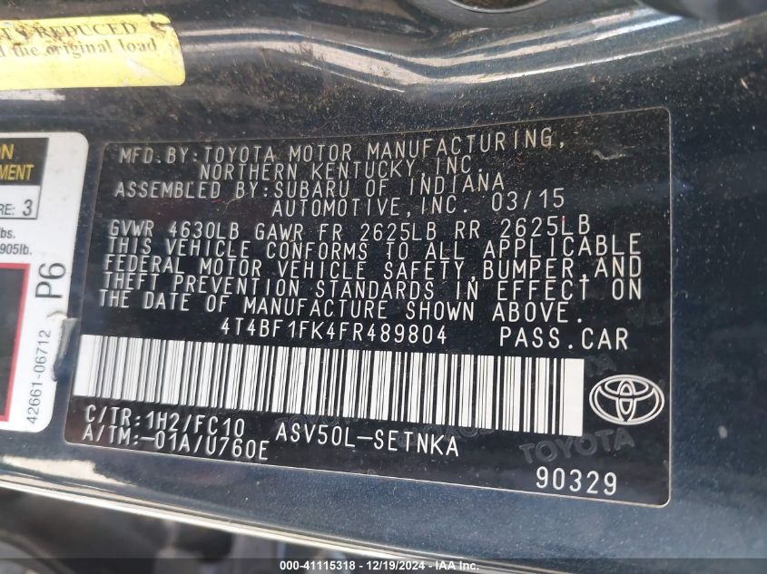 VIN 4T4BF1FK4FR489804 2015 Toyota Camry, LE no.9