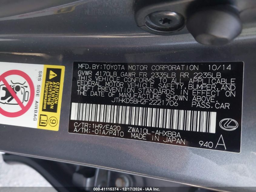 VIN JTHKD5BH2F2221706 2015 LEXUS CT 200H no.9