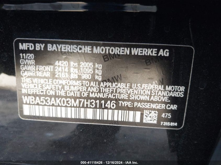 VIN WBA53AK03M7H31146 2021 BMW 228I GRAN COUPE no.9