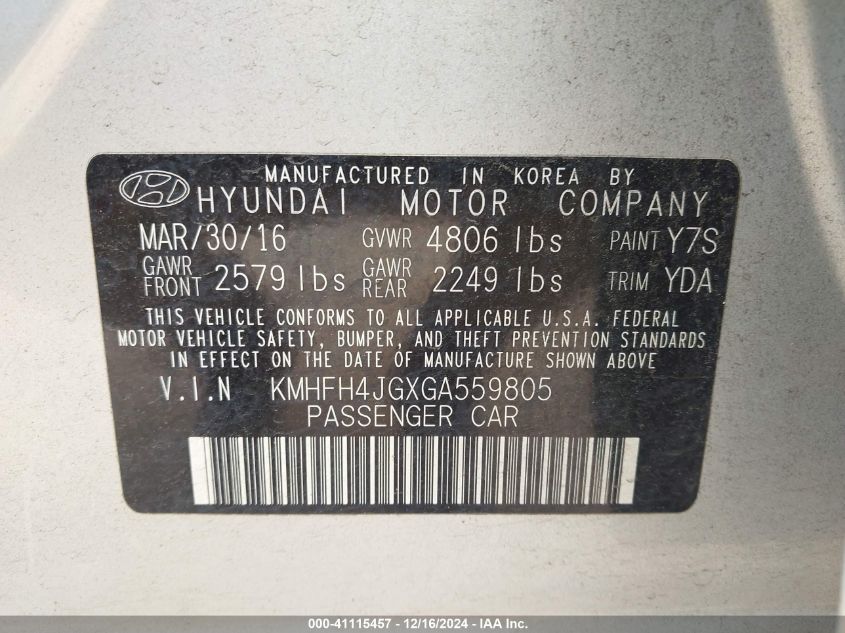 VIN KMHFH4JGXGA559805 2016 Hyundai Azera, Limited no.9