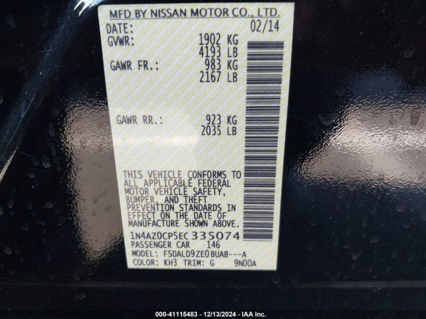 VIN 1N4AZ0CP5EC335074 2014 Nissan Leaf, SV no.9