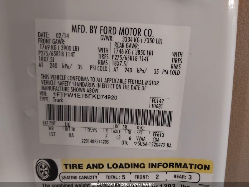 2014 FORD F-150 VIN: 1FTFW1ET6EKD74920