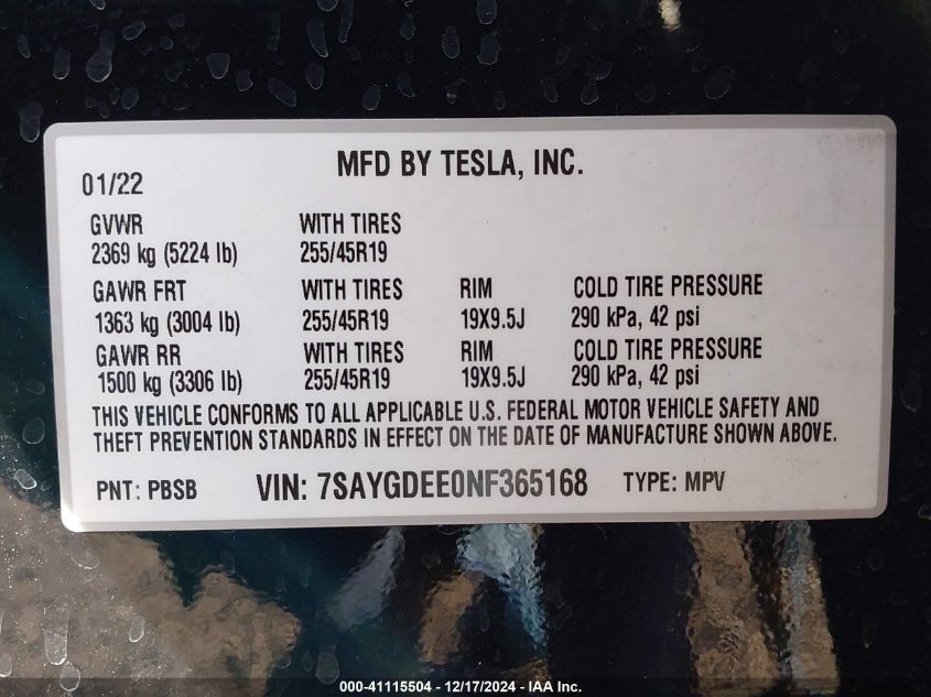 2022 Tesla Model Y Long Range Dual Motor All-Wheel Drive VIN: 7SAYGDEE0NF365168 Lot: 41115504