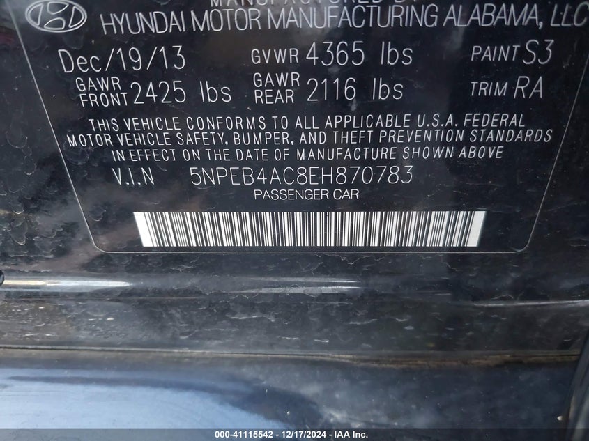 2014 HYUNDAI SONATA VIN: 5NPEB4AC8EH870783