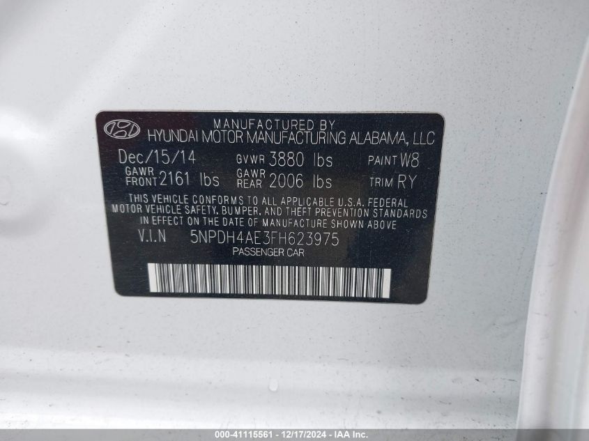 VIN 5NPDH4AE3FH623975 2015 Hyundai Elantra, Limited no.9