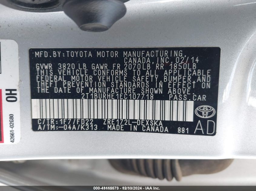 2014 Toyota Corolla S Plus VIN: 2T1BURHE1EC107718 Lot: 41115573