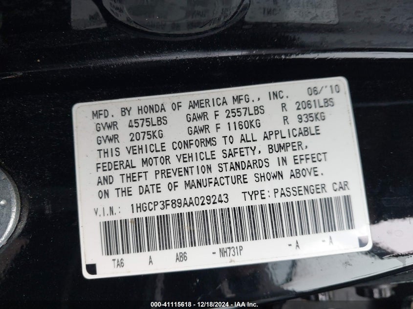 2010 HONDA ACCORD VIN: 1HGCP3F89AA029243