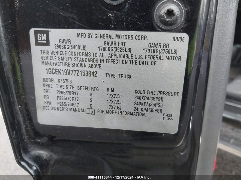 2007 Chevrolet Silverado 1500 Classic Work Truck VIN: 1GCEK19V77Z153842 Lot: 41115644