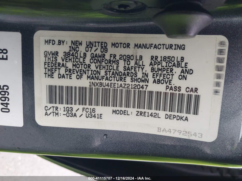2010 TOYOTA COROLLA VIN: 1NXBU4EE1AZ212047