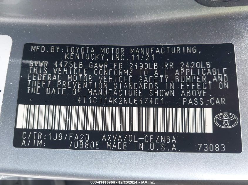 2022 Toyota Camry Le VIN: 4T1C11AK2NU647401 Lot: 41115764