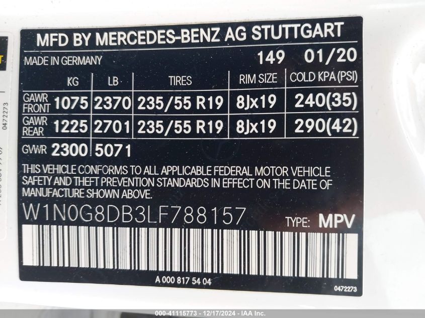 2020 Mercedes-Benz Glc 300 VIN: W1N0G8DB3LF788157 Lot: 41115773