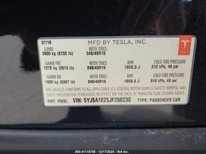 2018 Tesla Model S 100D/75D/P100D VIN: 5YJSA1E25JF268230 Lot: 41115785