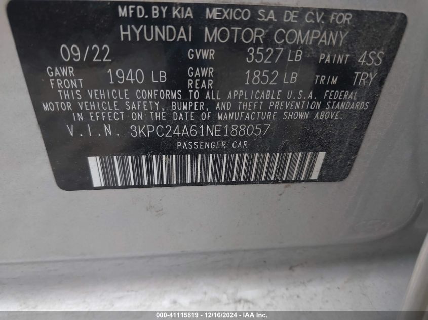 VIN 3KPC24A61NE188057 2022 Hyundai Accent, Sel no.9