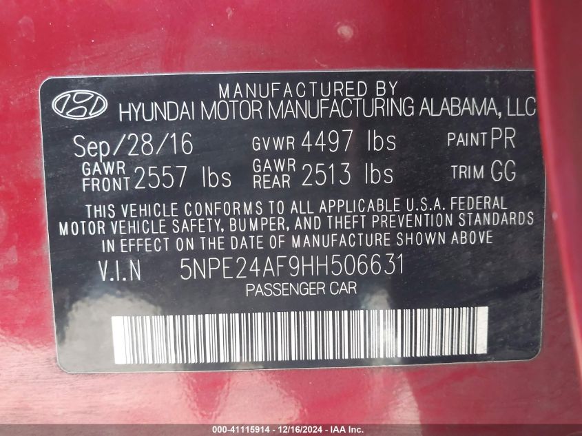 VIN 5NPE24AF9HH506631 2017 Hyundai Sonata no.9