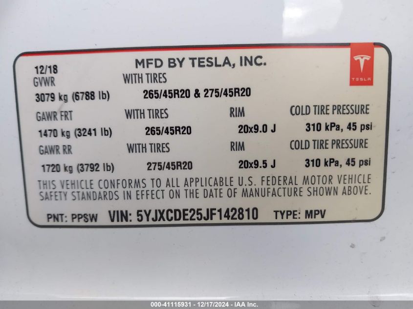 2018 Tesla Model X 100D/75D/P100D VIN: 5YJXCDE25JF142810 Lot: 41115931