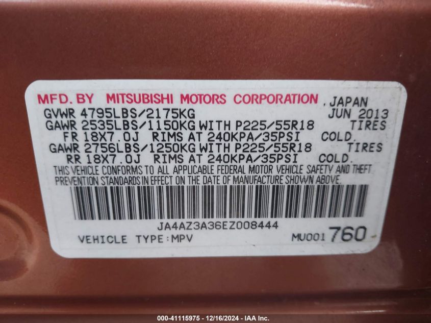 2014 Mitsubishi Outlander Se VIN: JA4AZ3A36EZ008444 Lot: 41115975