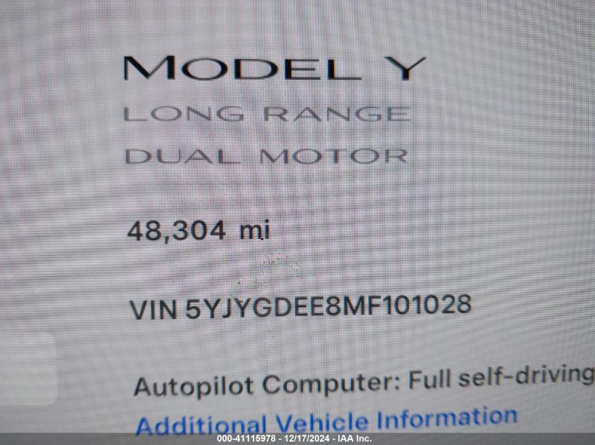 2021 Tesla Model Y VIN: 5YJYGDEE8MF101028 Lot: 41115978