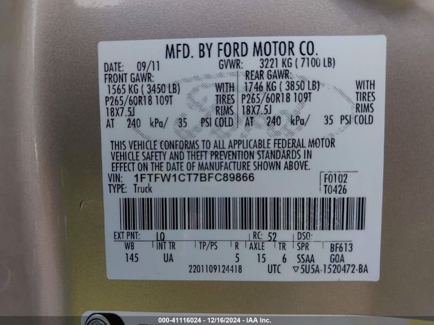 2011 Ford F-150 Xlt VIN: 1FTFW1CT7BFC89866 Lot: 41116024