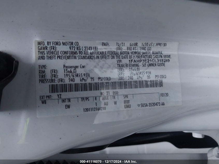 2012 FORD FOCUS VIN: 1FAHP3E21CL318289