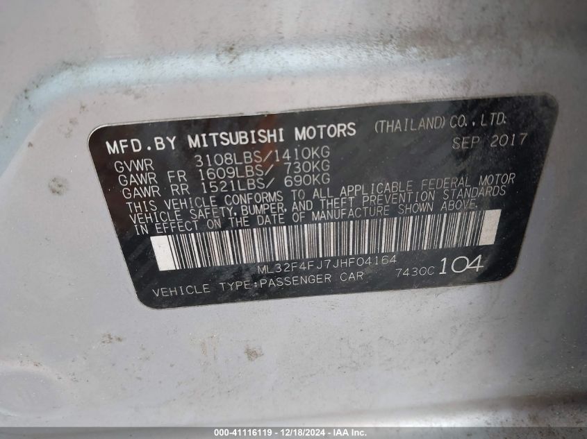 VIN ML32F4FJ7JHF04164 2018 Mitsubishi Mirage, G4 SE no.9