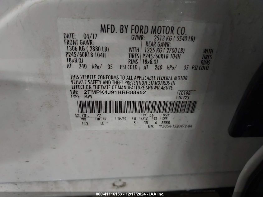 VIN 2FMPK4J91HBB88952 2017 FORD EDGE no.9