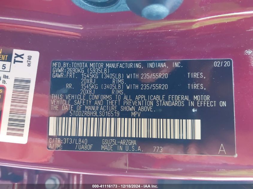 2020 Toyota Highlander Limited VIN: 5TDDZRBH9LS016519 Lot: 41116173