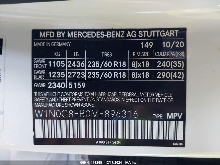 2021 Mercedes-Benz Glc 300 4Matic Suv VIN: W1N0G8EB0MF896316 Lot: 41116258