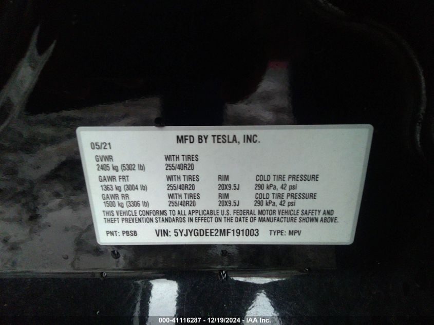 2021 Tesla Model Y Long Range Dual Motor All-Wheel Drive VIN: 5YJYGDEE2MF191003 Lot: 41116287