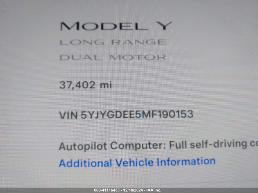 2021 Tesla Model Y Long Range Dual Motor All-Wheel Drive VIN: 5YJYGDEE5MF190153 Lot: 41116433