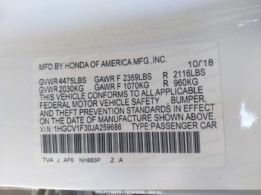 VIN 1HGCV1F30JA259686 2018 HONDA ACCORD no.9