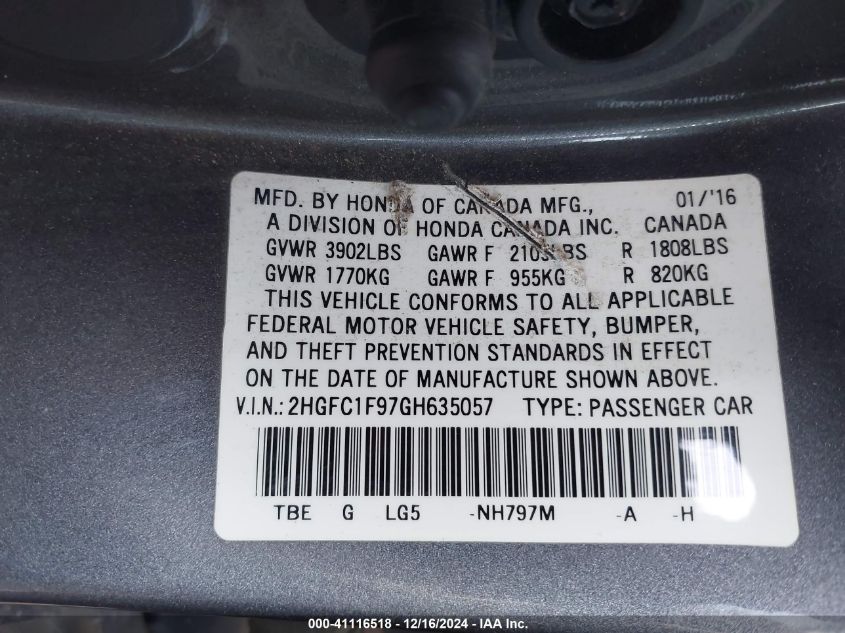 VIN 2HGFC1F97GH635057 2016 Honda Civic, Touring no.9