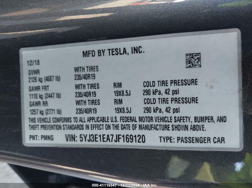 VIN 5YJ3E1EA7JF169120 2018 TESLA MODEL 3 no.9